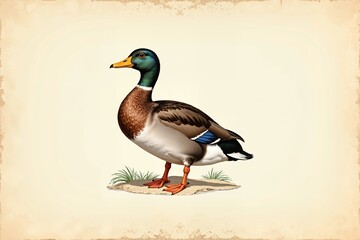 Obraz premium This vintage duck illustration showcases a beautiful, detailed depiction of a mallard duck, perfect for art lovers and collectors alike.