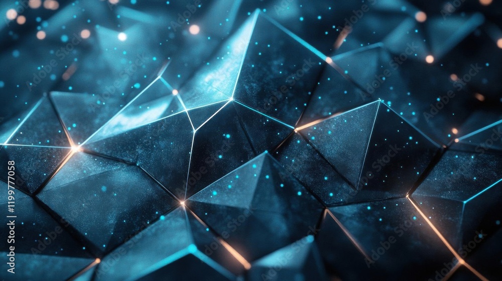 Poster a mesmerizing close-up of a textured, blue geometric surface, featuring glowing facets and shimmerin