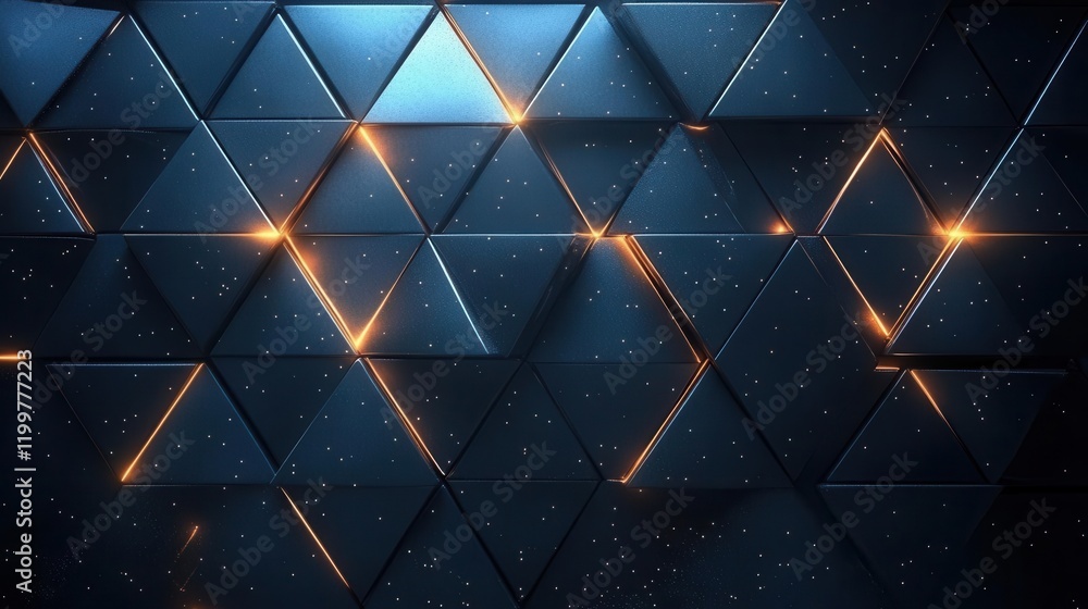 Poster a dynamic geometric pattern of illuminated blue triangles with sparkling golden accents, creating a 
