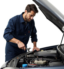 Car mechanic holding a wrench, inspecting the intricate parts of an engine