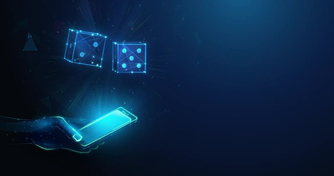 Abstract looped animation of two low poly spinning game dices over smartphone in hand. Online casino gambling and board game concept by wireframe mesh. Rolling d6 game cubes on blue background