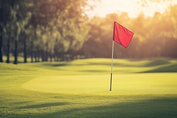 Obraz premium Serene Golf Course with Red Flag and Soft Lighting
