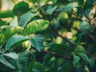 Green leaves of apple tree with one fruit growing among them.