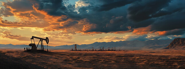 Oil pump in the desert at sunset with a dramatic sky