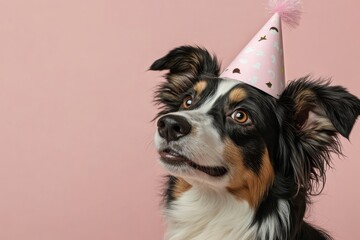 Dog wearing a festive hat celebrates a special occasion in a cheerful setting