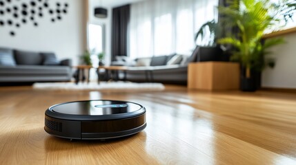 Robotic vacuum cleaner cleaning hardwood floor in modern living room.