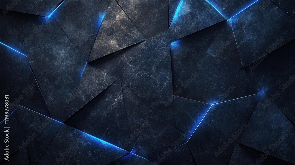 Poster a dark, textured background featuring angular shapes illuminated by subtle blue highlights, creating