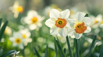 White daffodils blooming in spring meadow, sunlight