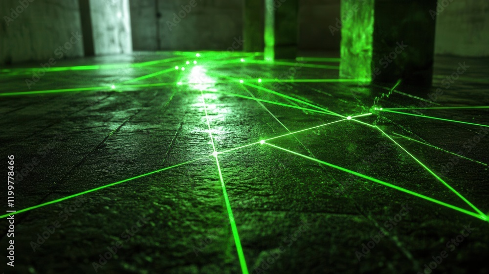Poster a dimly lit space with multiple green laser beams crisscrossing on a textured floor, creating an int