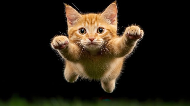 Playful orange kitten jumping in mid-air.