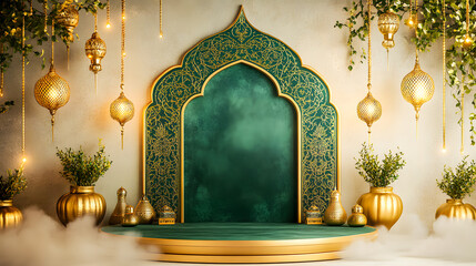 Elegant Islamic Display with Golden Lanterns and Emerald Arch for Product Showcase