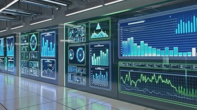 Data Visualization in a Futuristic Control Room: A futuristic control room with large screens displaying a plethora of data, charts, and graphs.