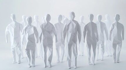 Paper People Crowd - A group of abstract white paper figures walking together, symbolizing unity, teamwork, or a collective.