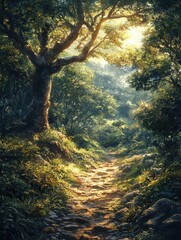 Obraz premium A sunlit path winds through a lush forest. Ideal for fantasy art, book covers, or nature-inspired designs. Evokes feelings of tranquility and adventure.