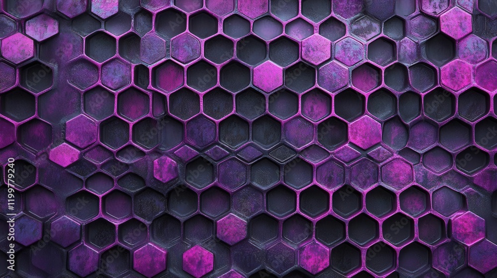 Poster a colorful hexagonal pattern in shades of purple and black, creating a modern, textured backdrop.