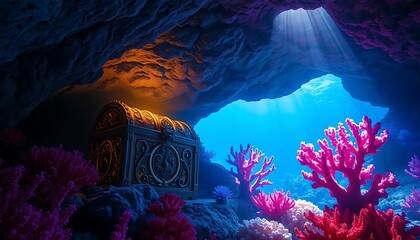 Underwater Treasure Chest in Coral Reef Cave