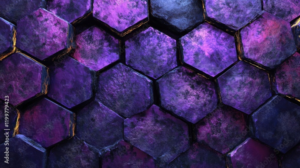 Poster a textured background featuring interconnected hexagonal shapes in a gradient of deep purple and blu