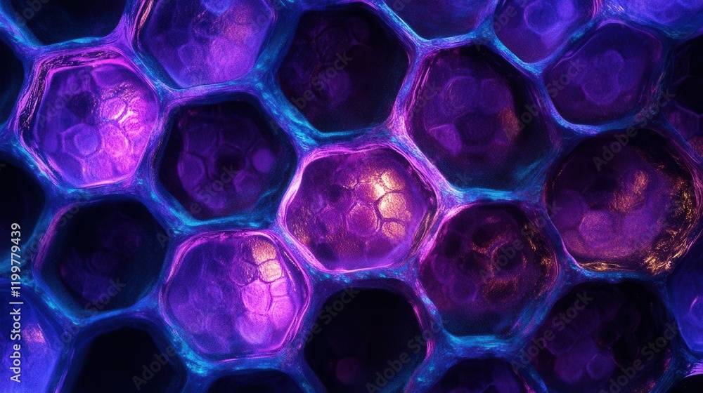 Poster a vibrant, abstract representation of hexagonal structures illuminated in purple and blue hues, show