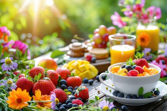 A table is covered with a variety of fruits and a white cup