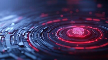 Futuristic fingerprint scan interface with glowing red rings.