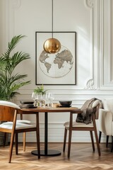 This is a modern dining room with a focus on minimalistic design and contemporary furniture. The wooden floor complements the sleek white chair and dark wood table