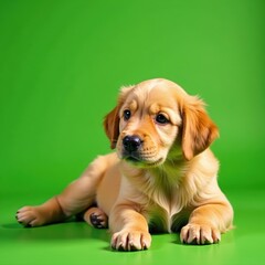 Golden Retriever puppy, kitten, green background, pets, green