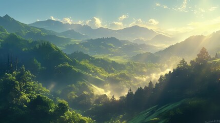 Dense of Beautiful Mountains Landscape With Sun Shining Through Wallpaper
