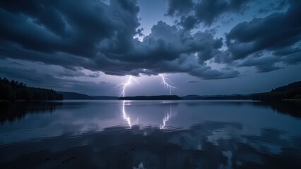 A breathtaking expanse of serene water stretches beneath a majestic deep-blue sky dotted with fluffy clouds. Reflections shimmer on the calm surface, creating an ethereal, tranquil vista
