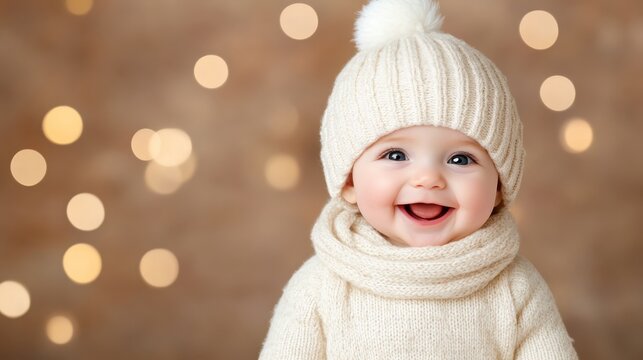 Happy baby wearing cozy winter clothing.