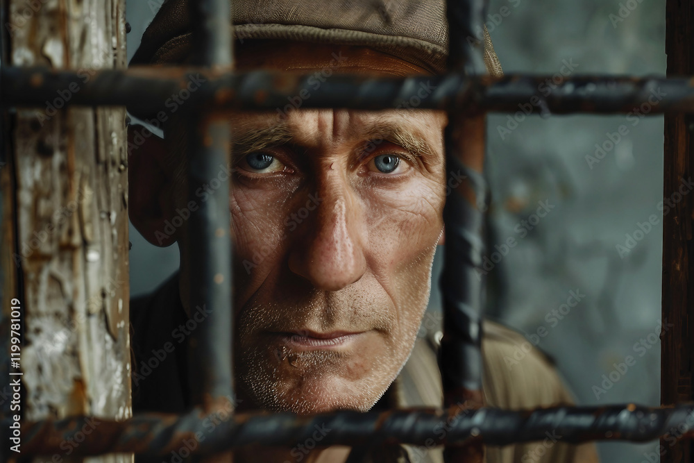 Poster a prisoner behind bars in a prison in jail generative ai