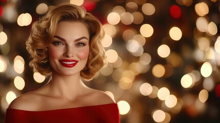 Fototapeta premium Cheerful woman with festive background lights.
