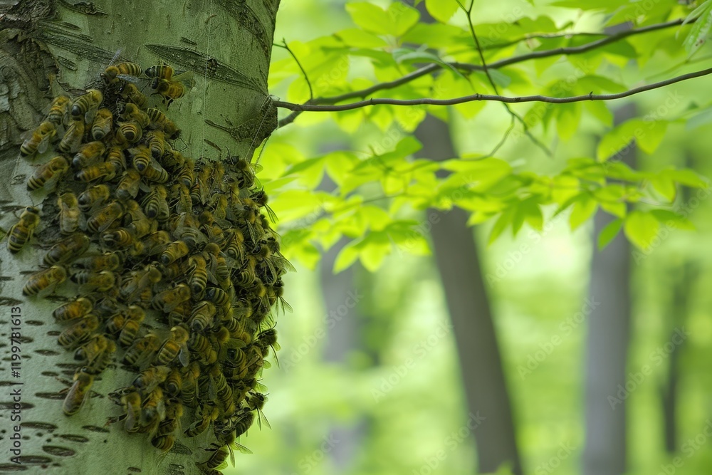 Poster a tree with a large number of bees on it
