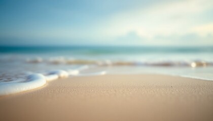 Soft Focus on Sandy Beach with Gentle Waves and Calm Sea Under Light Blue Sky