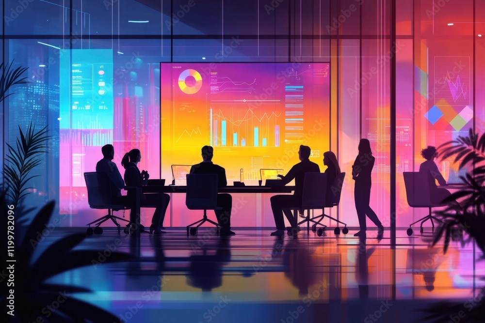 Poster modern meeting space with data visualizations