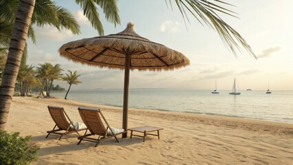 Fototapeta premium Beachfront with sun loungers under a straw umbrella