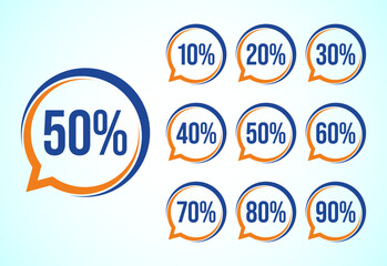 10, 20, 30, 40, 50, 60, 70, 80, and 90 percent discount, Sale tags set. Sale offer sign. Special offer symbol. Discount promotion
