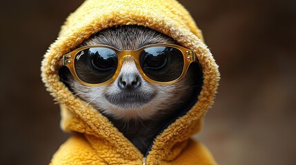 Fototapeta premium Meerkat wearing a yellow hoodie and sunglasses poses playfully in a cozy outdoor setting