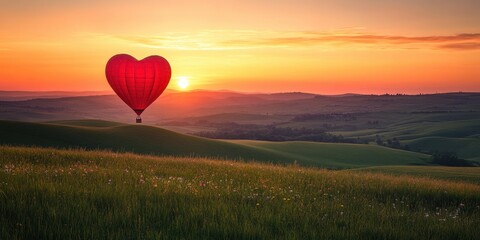 Fototapeta premium A scenic countryside sunrise, with a heart-shaped hot air balloon rising over rolling green hills. T