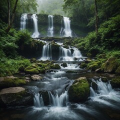 Obraz premium A rushing waterfall cascading into a misty pool surrounded by lush green forest.