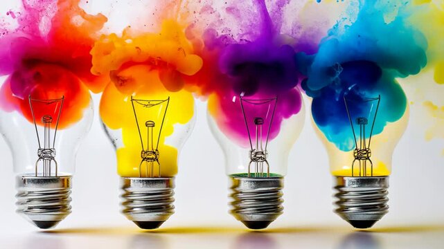 A set of four light bulbs filled with colorful paints creates a striking visual display, showcasing hues of purple, pink, and yellow, perfect for artistic inspiration