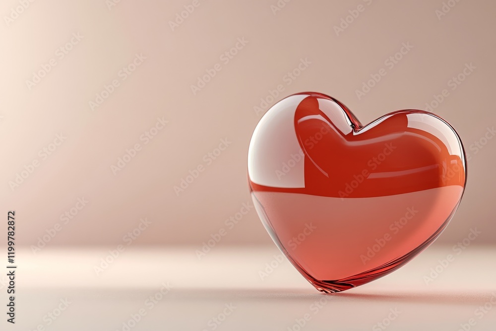 Poster heart-shaped glass object reflecting light on a smooth surface in a soft, neutral background to crea