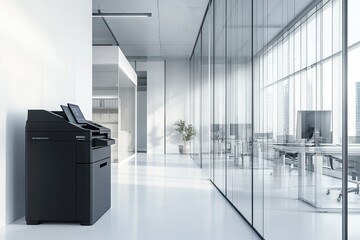 Modern office interior with glass walls and a copy machine on the left side of the room. White...