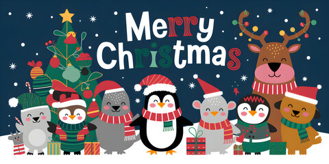 Fototapeta premium Quirky Holiday Animals Merry Christmas Card