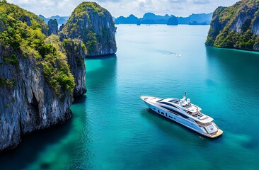 Fototapeta premium Luxurious Yacht Sailing Through Crystal-Clear Turquoise Waters Along a Scenic Cliffside – Aerial Travel Photography