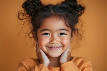 Young girl with cheerful expression and curly hair poses against vibrant orange background