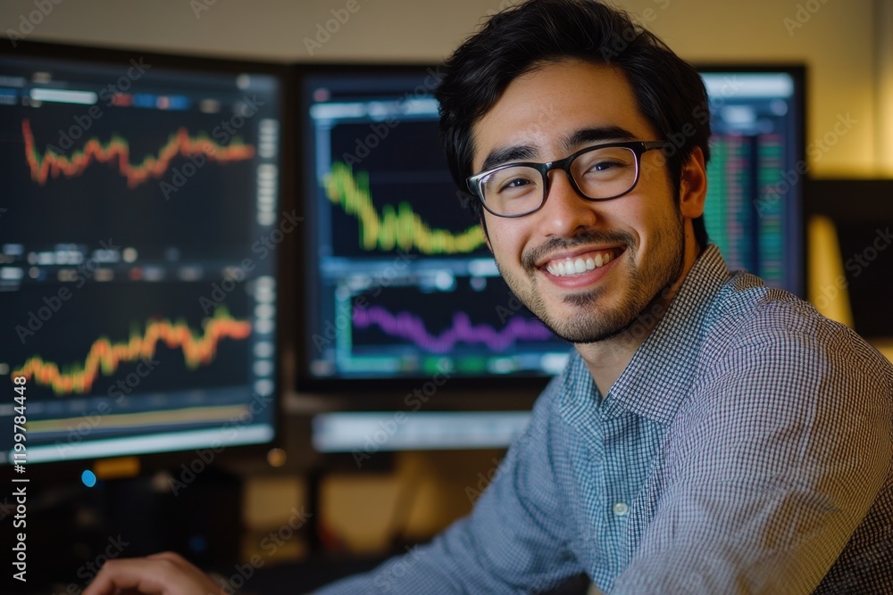 Aufkleber smiling analyst with stock market graphs in background