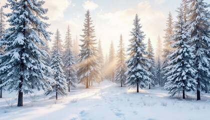Snow-Covered Forest with Evergreen Trees and Sunlight Streaming Through