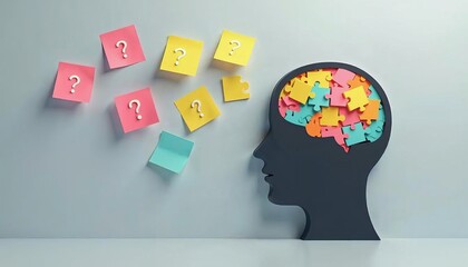 Human head silhouette with colorful sticky notes and question marks, 3D render, brain visualization, confusion, cognitive process, abstract thinking