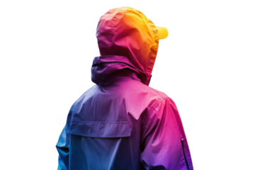 Colorful hooded jacket with gradient design against a white background