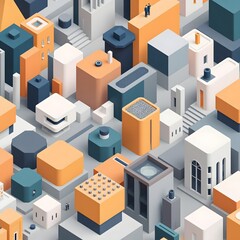 Abstract Isometric Cityscape in Orange and Teal